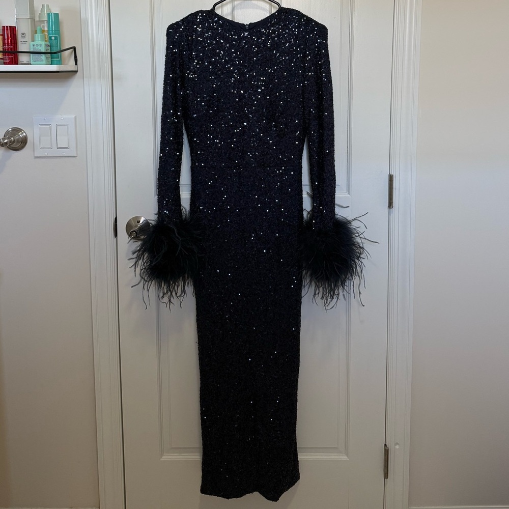 Club L London Black Sequin Dress with Feather Cuffs